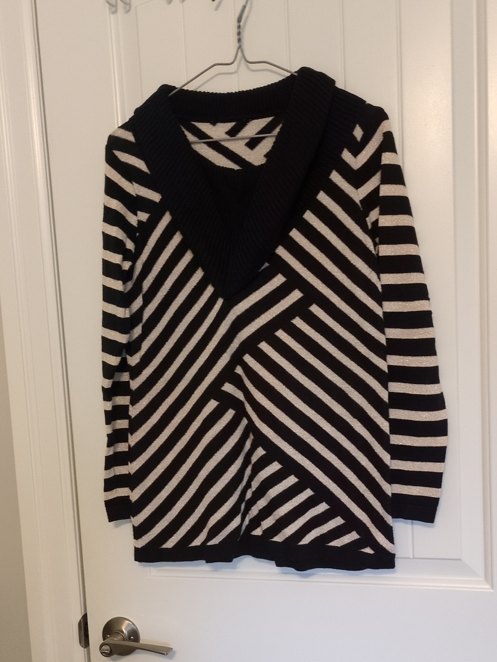 Black and White Striped Shawl Collar Sweater